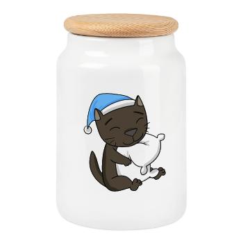 Schlafen Müde - Katze mit Kissen und Schlafmütze - Keksdose mit Holzdeckel - Weiß - Vorne