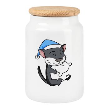 Dormir fatigué - Chat avec oreiller et bonnet somnolent - Boîte à biscuits avec couvercle en bois - blanc - Devant