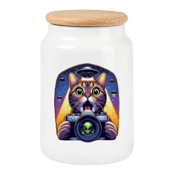 Funny Scared Cat With UFO Alien Attack 3D Effect - Cookie Jar with Wooden Lid - white - Front