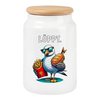LÖPPT Möwe – Pommes & Fischbrötchen Cartoon - Keksdose mit Holzdeckel - Weiß - Vorne