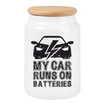 My Car Runs On Batteries eCar Elektro Auto - Keksdose mit Holzdeckel - Weiß - Vorne
