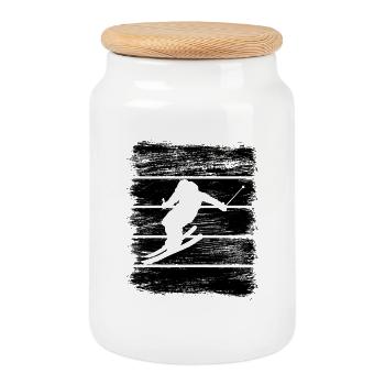 Croquis de skieur - Boîte à biscuits avec couvercle en bois - blanc - Devant
