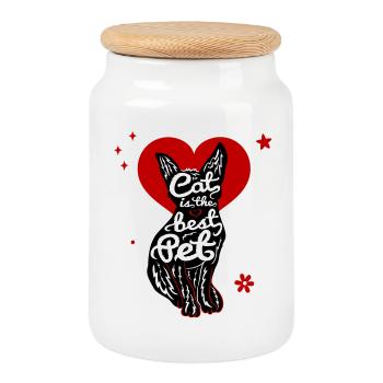 Cat with heart - Cookie Jar with Wooden Lid - white - Front
