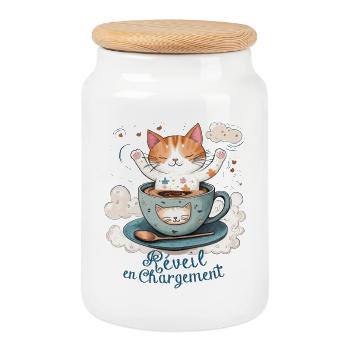 Wecker aufladen, Katzenhumor und Kaffeebecher - Keksdose mit Holzdeckel - Weiß - Vorne