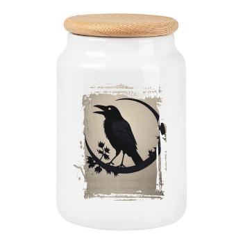 Raven sitting on branch - Cookie Jar with Wooden Lid - white - Front