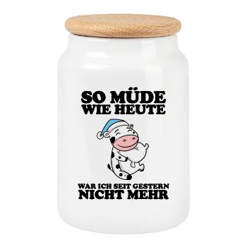 Ausschlafen Müde Spruch lustig Schlafen - Kuh - Keksdose mit Holzdeckel - Weiß - Vorne