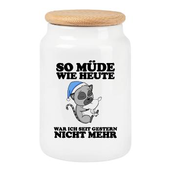 Ausschlafen Müde Spruch lustig Schlafen - Lemur - Keksdose mit Holzdeckel - Weiß - Vorne