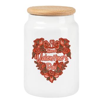 Frohen Valentinstag, Herz aus Rosen - Keksdose mit Holzdeckel - Weiß - Vorne