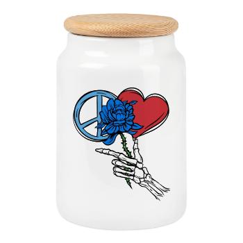 Paix, Fleur, Coeur, Squelette, Mort, Paix Mondiale - Boîte à biscuits avec couvercle en bois - blanc - Devant