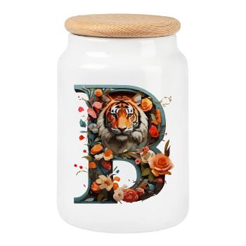 Feuriger Tiger und Blumen Illustration - Keksdose mit Holzdeckel - Weiß - Vorne
