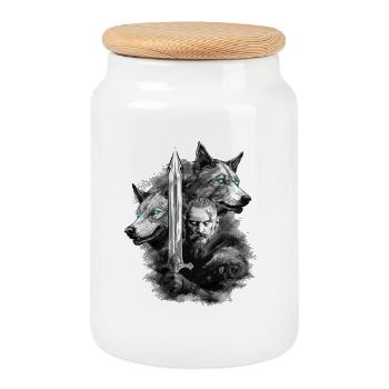 Viking Wolf - Cookie Jar with Wooden Lid - white - Front