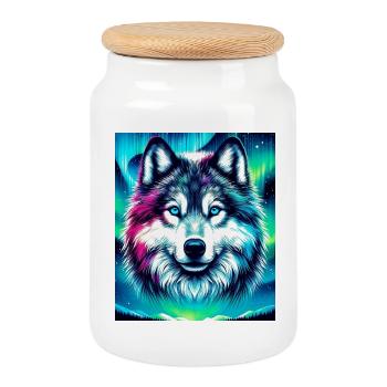 Chien loup husky - Boîte à biscuits avec couvercle en bois - blanc - Devant