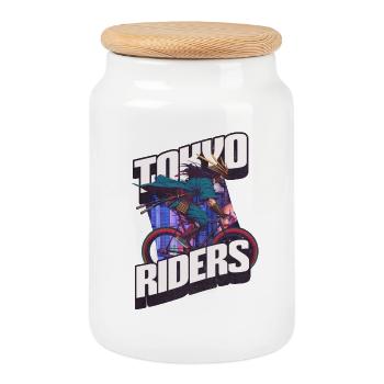 Tokyo Riders - Japanischer Krieger auf Rennrad - Keksdose mit Holzdeckel - Weiß - Vorne