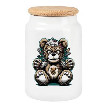 Vintage Teddy Bear Mummy Soft Toy - Cookie Jar with Wooden Lid - white - Front