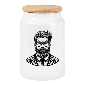 Stylish Male Bearded Portrait Illustration - Cookie Jar with Wooden Lid - white - Front