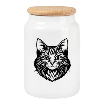 Illustration complexe de visage de chat - Boîte à biscuits avec couvercle en bois - blanc - Devant