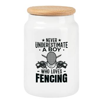 Fencing Boy - Cookie Jar with Wooden Lid - white - Front