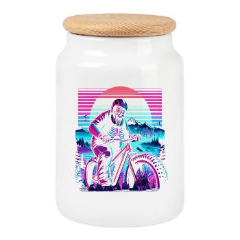 Synthwave Skeleton Biker Fatbike Retro Sunset - Cookie Jar with Wooden Lid - white - Front