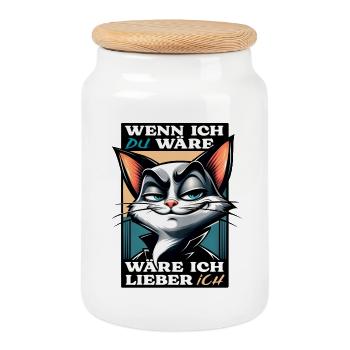Katzenmotiv mit witzigem Spruch - Keksdose mit Holzdeckel - Weiß - Vorne