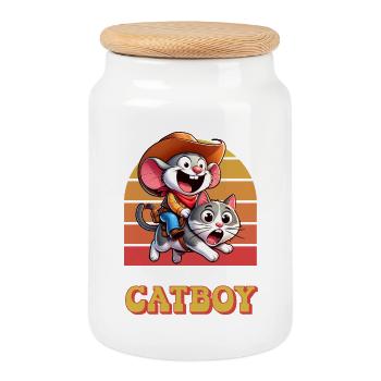 Cowboy Maus reitet auf Katze – Little Big Catboy - Keksdose mit Holzdeckel - Weiß - Vorne