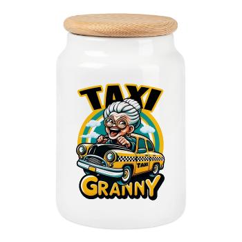 Taxi Granny" – Grandma Oma Enkel-Taxi Service - Keksdose mit Holzdeckel - Weiß - Vorne