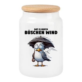 Möwe Sturm Schietwetter, Dat is nur'n büschen Wind - Keksdose mit Holzdeckel - Weiß - Vorne
