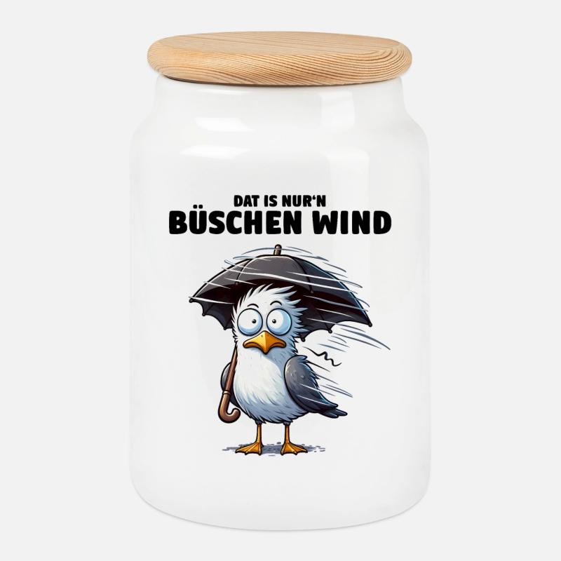 Möwe Sturm Schietwetter, Dat is nur'n büschen Wind - Keksdose mit Holzdeckel - Weiß