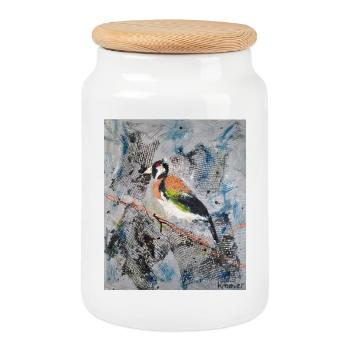 Acrylic painting with Stiglitz on tree branch - Cookie Jar with Wooden Lid - white - Front