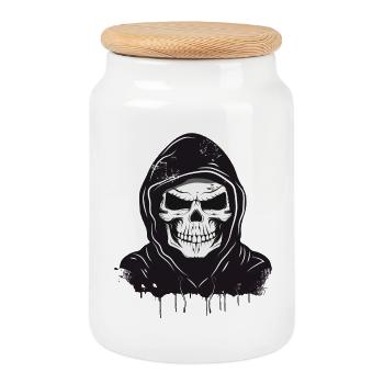 Skull,Skull,Skull with Hoodie Hood - Cookie Jar with Wooden Lid - white - Front
