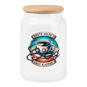 Humorous coffee art with first aid motif - Cookie Jar with Wooden Lid - white - Front
