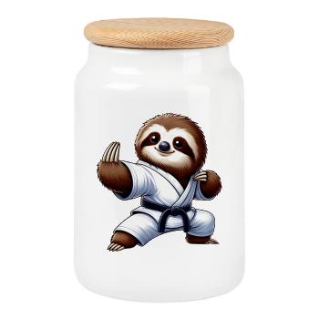Funny Sloth Karate Martial Arts Japanese - Cookie Jar with Wooden Lid - white - Front