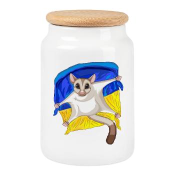Cute Sugar Glider with Ukraine Flag - Cookie Jar with Wooden Lid - white - Front