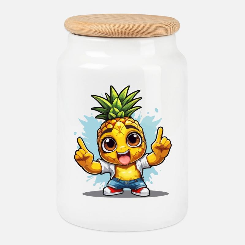 Pineapple with a good mood - Cookie Jar with Wooden Lid - white