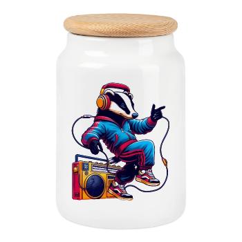 Cheerful Badger with Headphones Dancing - Cookie Jar with Wooden Lid - white - Front