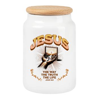 Jesus Lichtsymbol auf handgehaltenem Spiegel - Keksdose mit Holzdeckel - Weiß - Vorne