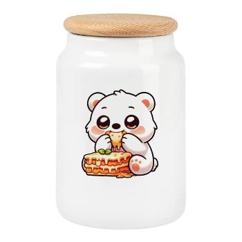 Drôle d’ours polaire mangeant des lasagnes cuisine italienne - Boîte à biscuits avec couvercle en bois - blanc - Devant