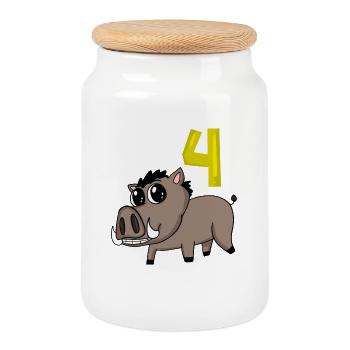 4th Birthday Motif Wild Boar - Four Years Old - Cookie Jar with Wooden Lid - white - Front