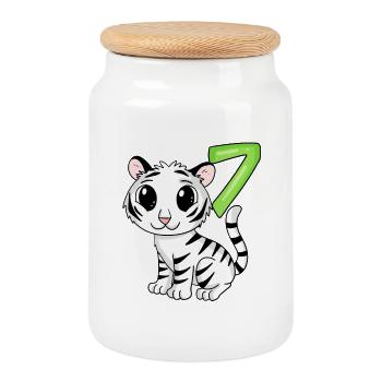 7th Birthday Motif Tiger - 7 years old - Cookie Jar with Wooden Lid - white - Front