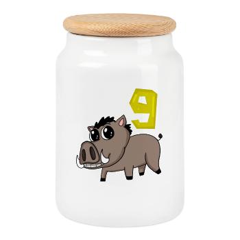 9th Birthday Motif Wild Boar - Nine Years Old - Cookie Jar with Wooden Lid - white - Front