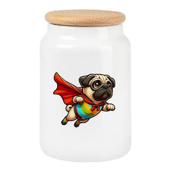 Superhero Pug - Cookie Jar with Wooden Lid - white - Front