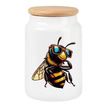 Bee with Sunglasses - Cookie Jar with Wooden Lid - white - Front