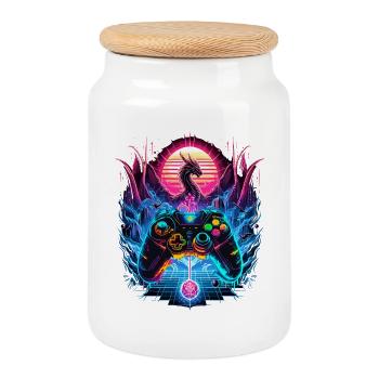 Synthwave Dragon Gaming Fantasy - Cookie Jar with Wooden Lid - white - Front