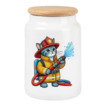Chaton pompier Splash - Boîte à biscuits avec couvercle en bois - blanc - Devant