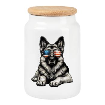 Patriotic Pup with Flag Sunglasses - Cookie Jar with Wooden Lid - white - Front