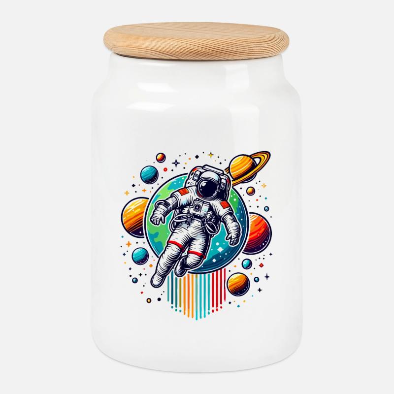Retro Astronauts Space Planet Design - Cookie Jar with Wooden Lid - white