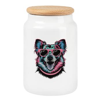 Cool Retro Dog with Sunglasses Colorful Art - Cookie Jar with Wooden Lid - white - Front