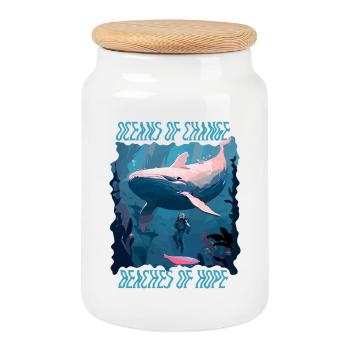 Baignade sur la plage et la mer sans plastique contre la pollution - Boîte à biscuits avec couvercle en bois - blanc - Devant