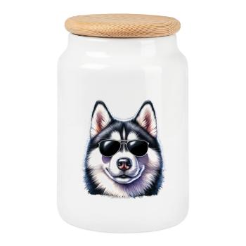 Cooler Husky mit Sonnenbrille - Keksdose mit Holzdeckel - Weiß - Vorne