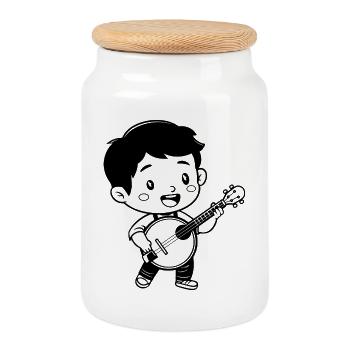 Cartoon Banjo Junge - Keksdose mit Holzdeckel - Weiß - Vorne