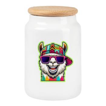 Cooles Alpaka mit bunter Sonnenbrille und Mütze - Keksdose mit Holzdeckel - Weiß - Vorne